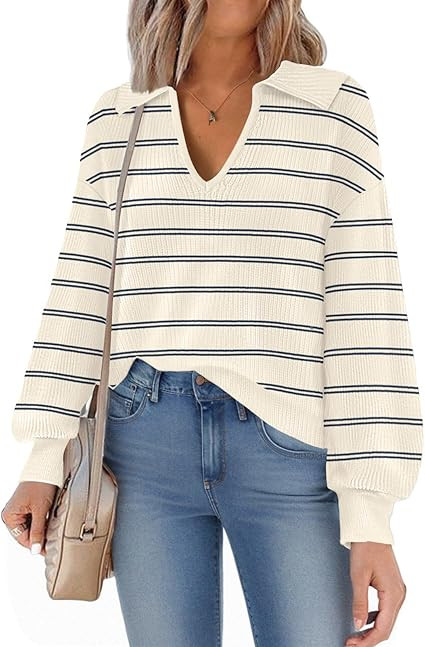 Womens Sweater Lapel V Neck Long Sleeve Classic Jumper Polo Collar Top Knit Casual 2024 Fall Wint... | Amazon (US)