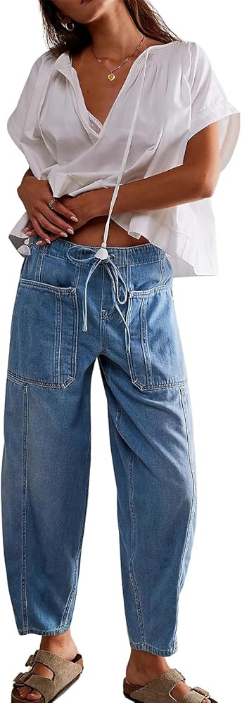ebossy Barrel Jeans for Women Elastic Waist Baggy Loose Boyfriend Cropped Denim Pants with Drawst... | Amazon (US)