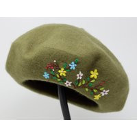 French Wool Beret Hat, Hand Embroidered Wild Flower Beret, Grass Green Winter Cold Weather | Etsy (US)