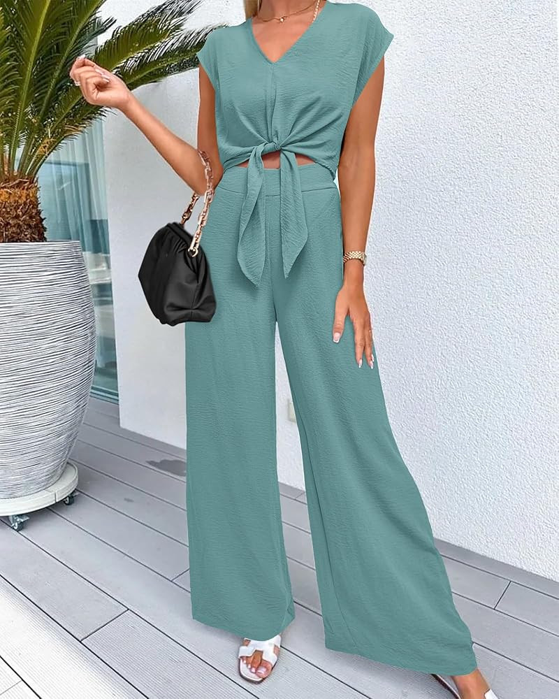 PRETTYGARDEN Women's Summer 2 Piece Outfits 2026 Cap Sleeve V Neck Belted Crop Tops Wide Leg Pant... | Amazon (US)