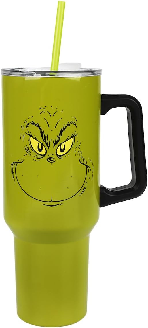 Bioworld Grinch Grinning Face 40 Oz Green Stainless Steel Tumbler With Handle | Amazon (US)