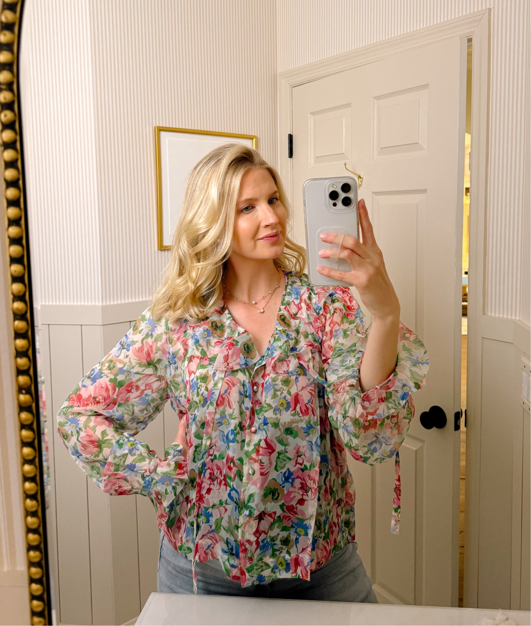 I sized up to a size large to fit the bump! But this floral blouse is truly so beautiful. 

#LTKSeasonal #LTKstyletip #LTKbump