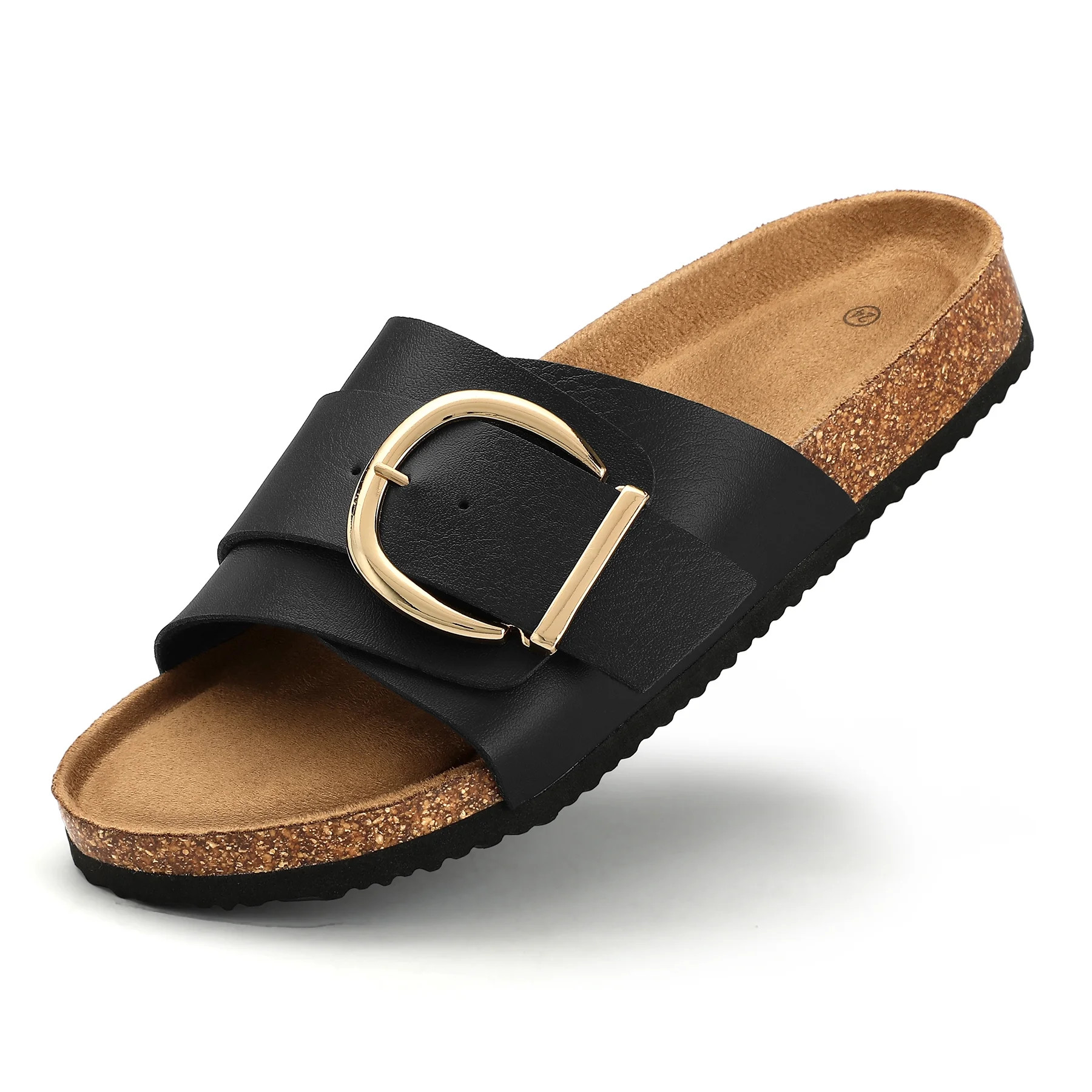 Rexoro Women's Black Faux Leather Slide Sandals with Gold Buckle Comfort Cork Footbed Non-Slip Su... | Walmart (US)