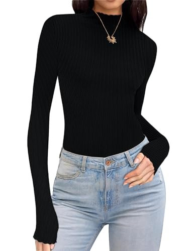 Ekouaer Thermal Turtleneck Shirt Women Ribbed Long Sleeve Mock Neck Tops Slim Fit Lettuce Trim Base Layer Black | Amazon (US)