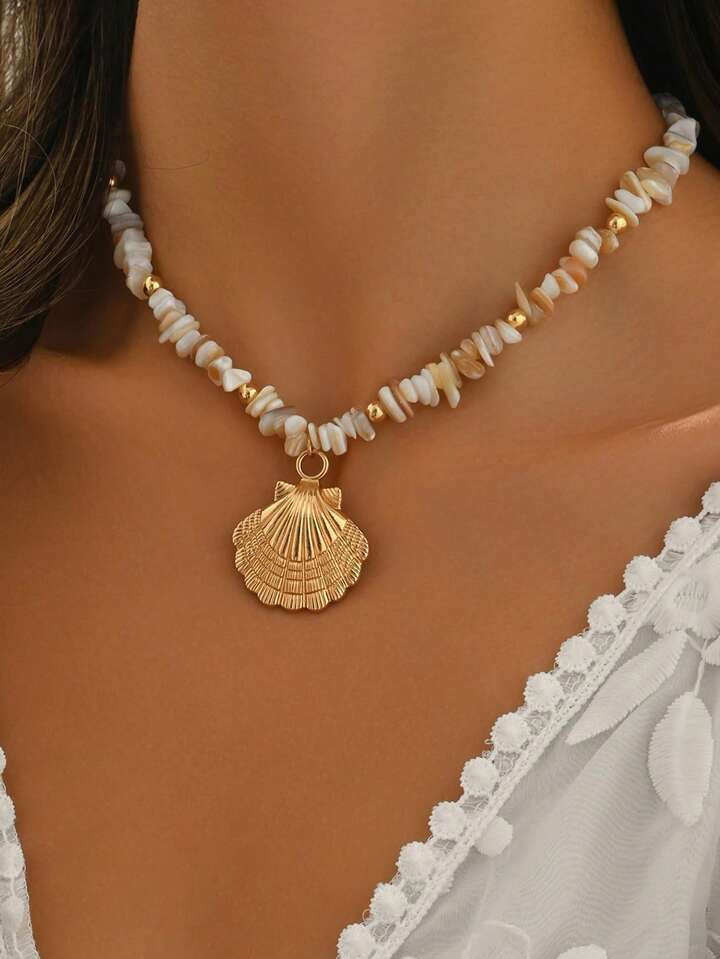1pc Handmade Natural Stone Bead Necklace, Fashionable Boho Style Metal Seashell Pendant, Suitable... | SHEIN