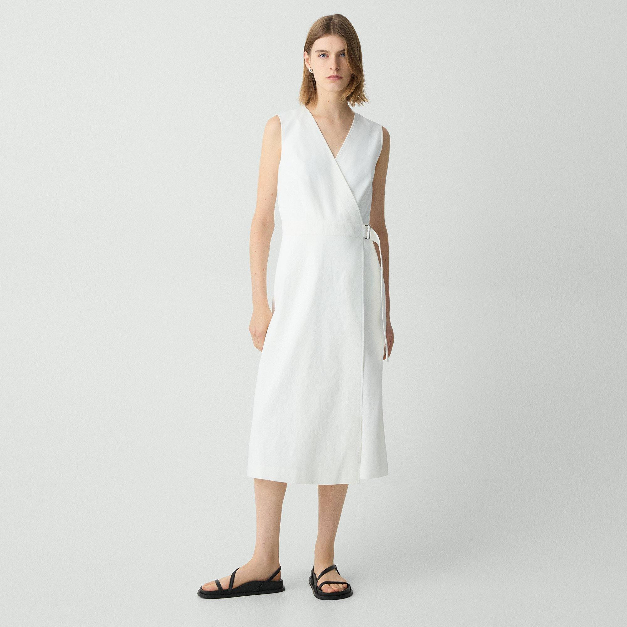 Sleeveless A-Line Wrap Dress in Good Linen | Theory
