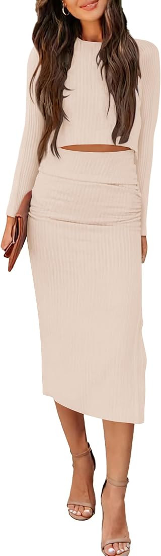 PRETTYGARDEN Womens 2023 Fall 2 Piece Outfits Track Suits Long Sleeve Crop Tops Bodycon Midi Skir... | Amazon (US)
