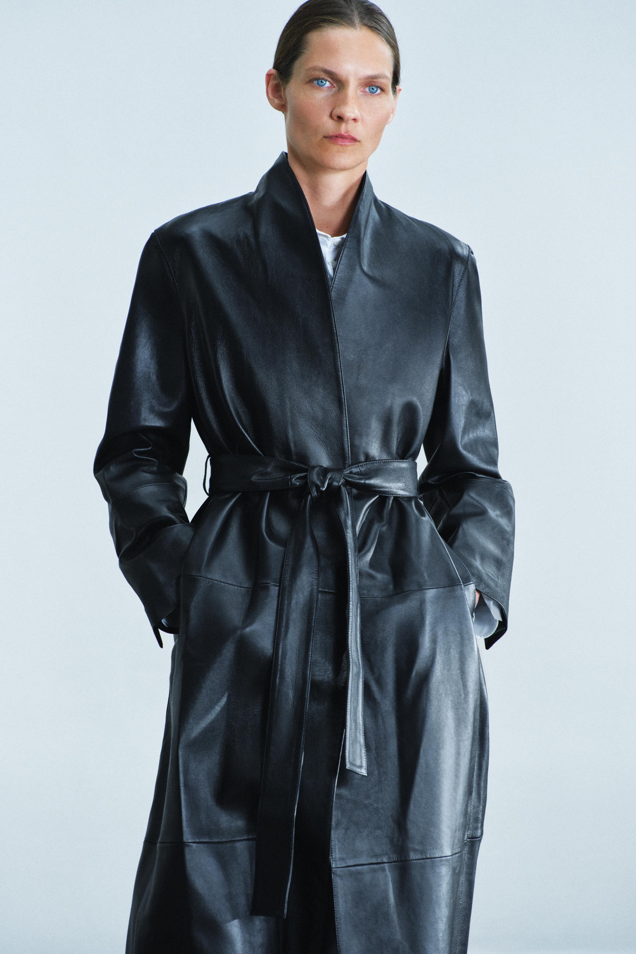 ZW COLLECTION 100% LEATHER BELTED LONG COAT | Zara US