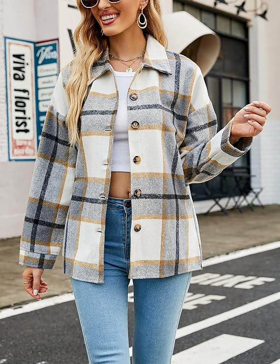 Yeokou Women's Fall Color Block Plaid Flannel Shacket Jacket Button Down Shirt Coat Tops | Amazon (US)