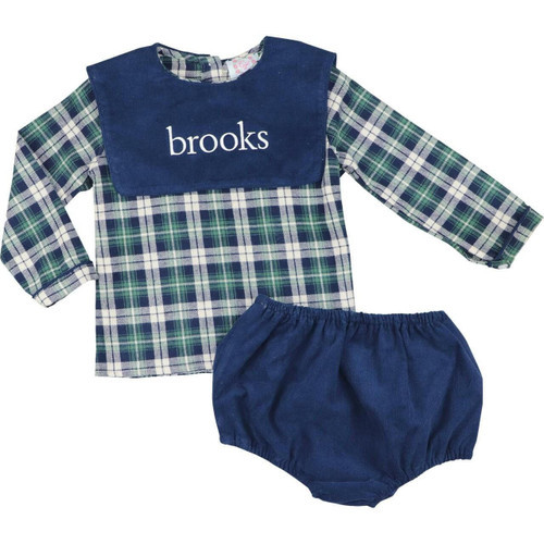 Navy And Green Plaid Flannel Square Collar Diaper Set | Cecil and Lou