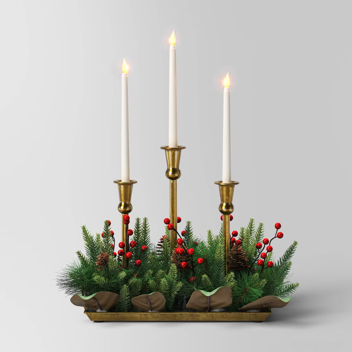 Battery Operated Flameless Taper Candle and Gold Candle Holder in Metal Tray with Faux Christmas ... | Target