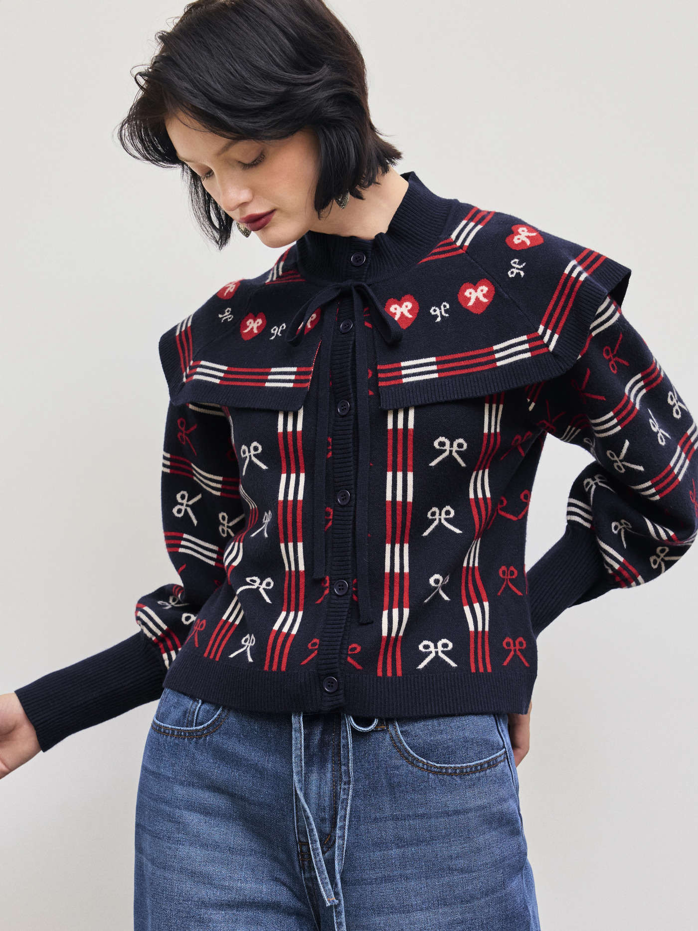 Knit Doll Collar Bowknot Cardigan | Cider