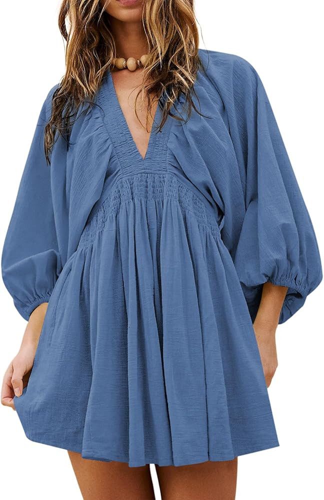 Acelitt Womens Spring Long Sleeve V Neck Casual Loose Flowy Ruffle A Line Babydoll Mini Dress Bea... | Amazon (US)