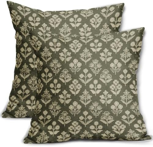 Olive Green Floral Block Print Pillow Covers 18x18 Inch Set of 2, Vintage Flower Pattern Decorati... | Amazon (US)