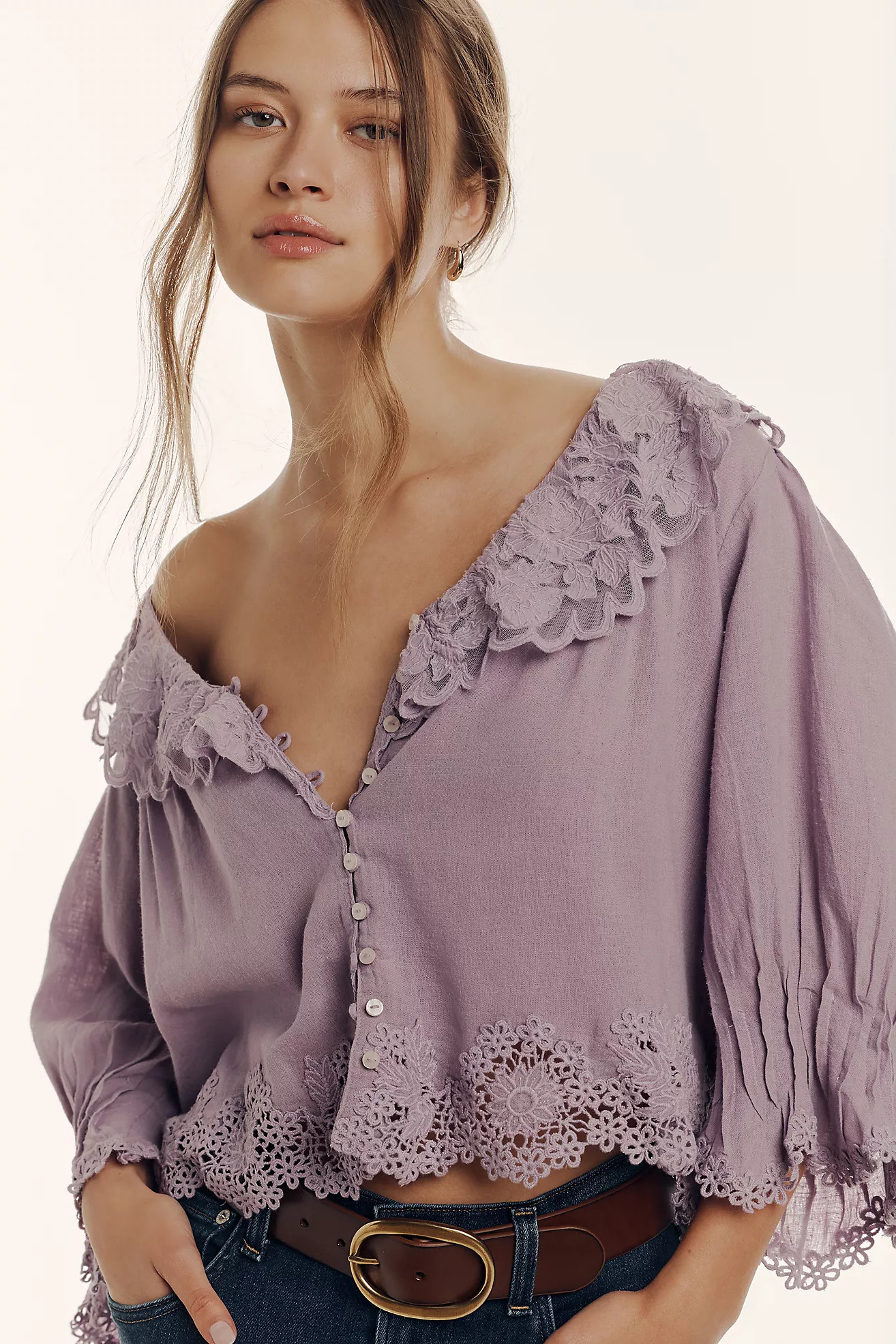 By Anthropologie Linen Blend Lace-Collar Blouse | Anthropologie (US)