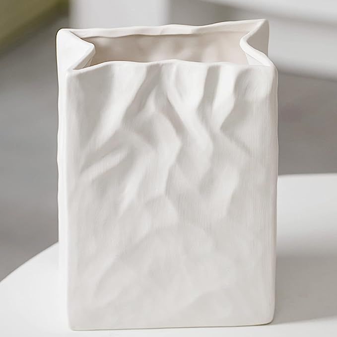 Levvohd White Crinkle Paper Bag Ceramic Vase, Unique Square Wide Mouth Pleated Big Vases, Aesthet... | Amazon (US)