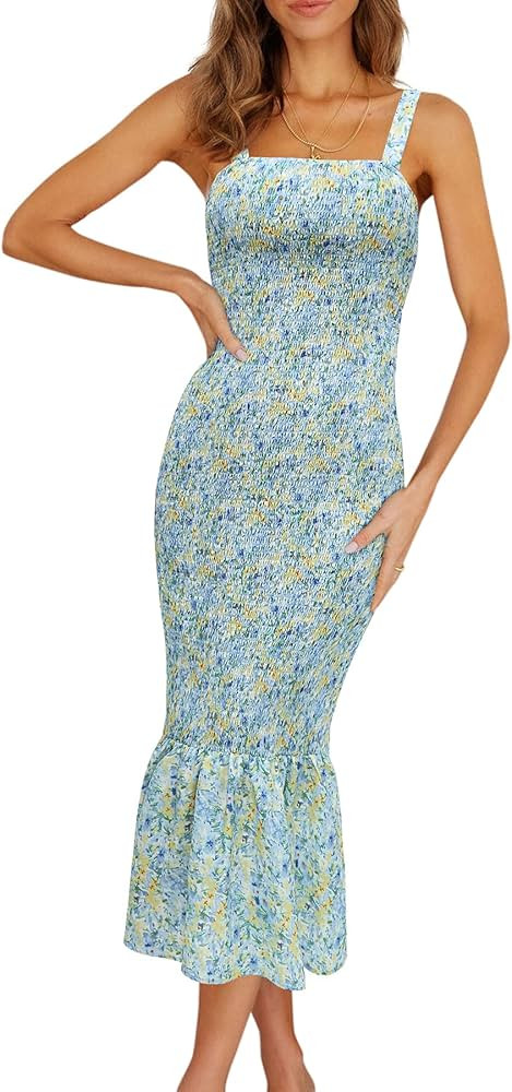 PRETTYGARDEN Women's Summer Floral Midi Tank Dress Sleeveless Strappy Ruffle Hem Smocked Bodycon ... | Amazon (US)