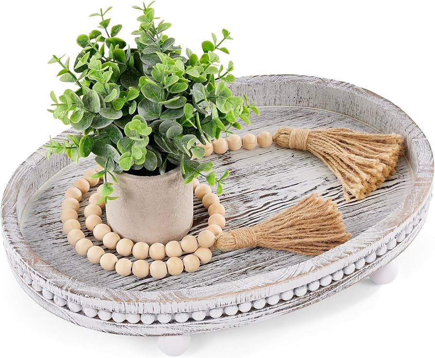 Wooden Decorative Tray-16×11.8" Oval Boho Coffee Table Tray Kitchen Dining Table Centerpiece Dec... | Amazon (US)