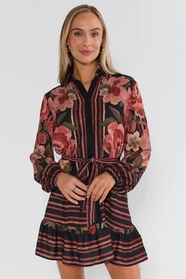 Black Floral Printed Collared Short Dress | Avara