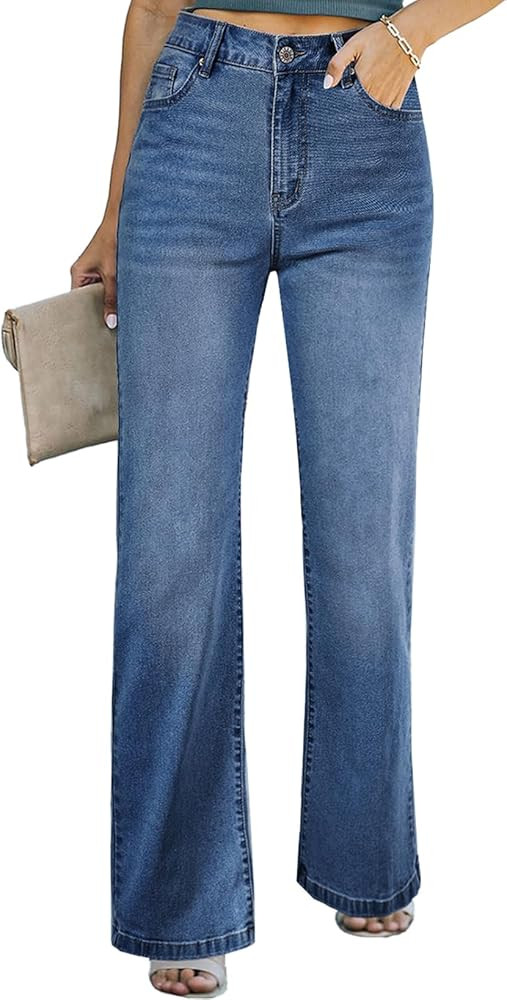 Sidefeel Women's High Waisted Wide Leg Jeans, Casual Straight Stretch Denim Pants with Pockets | Amazon (US)
