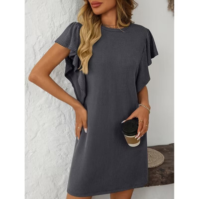 Womens Mini Dress Crew Neck Ruched Sleeve Striped Tee Shirt Dress Summer Fashion Casual Tshirt Dress Dark Gray S | Target
