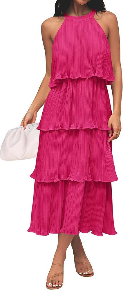 ZESICA Women's 2024 Summer Sleeveless Halter Neck Ruffle Tiered Layed Chiffon Flowy Swing Long Mi... | Amazon (US)