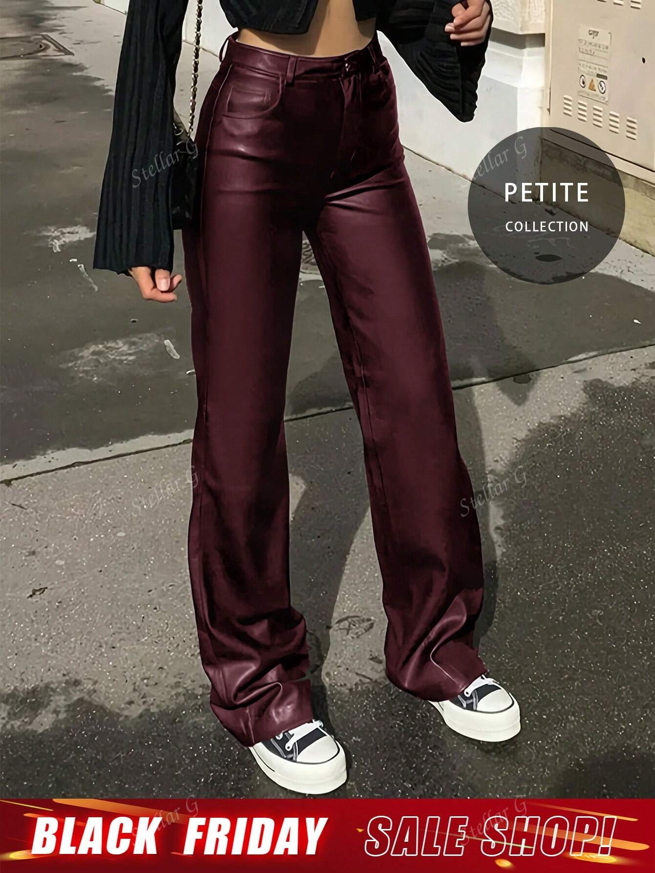 Petite High Waist Straight Leg PU Leather Pants, Loose Relaxed Feel, Flattering And Slimming, Mat... | SHEIN