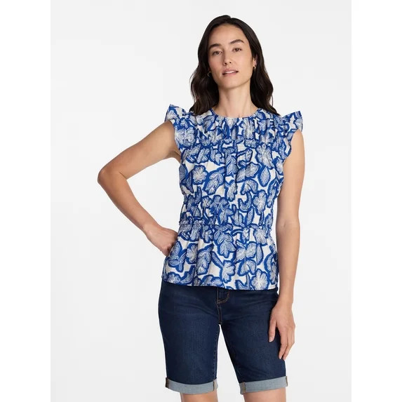 Time and Tru Women's Sleeveless Smocked Top with Ruffle Trim, Sizes XS-XXXL | Walmart (US)