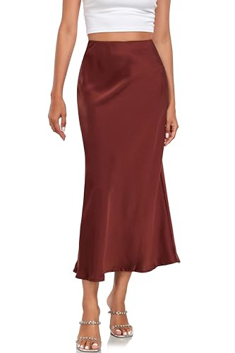 Women's Silk Satin Maxi Skirt High Waist Elastic A Line Fishtail Elegant Work Elastic Long Skirts Brown | Amazon (US)