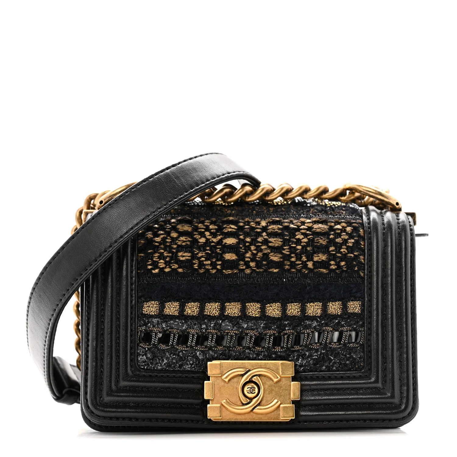 Lambskin Metallic Tweed Embroidered Mini Boy Flap Black Gold Multicolor | FASHIONPHILE (US)