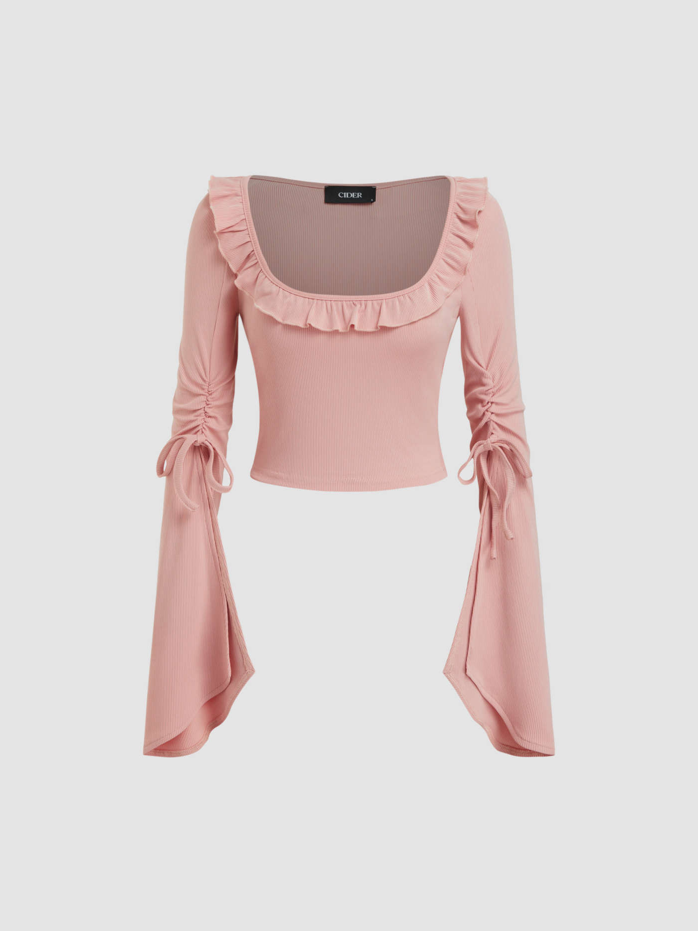 Knit Fabric U-neckline Ruffle Hem Drawstring Cropped Top For School | Cider