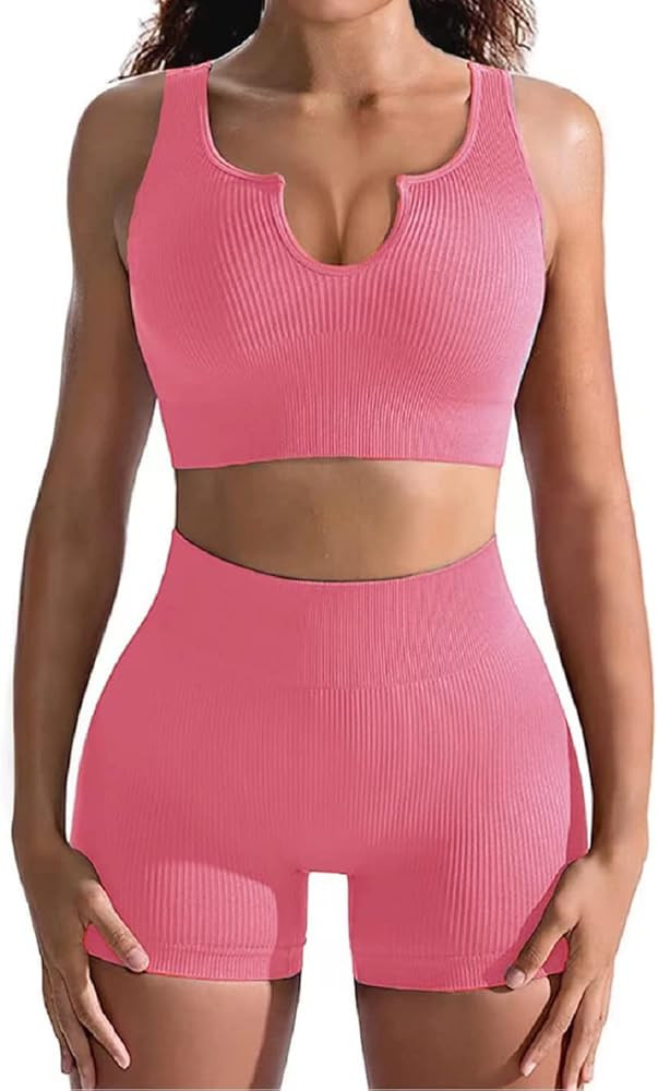2 Piece Seamless Yoga Gym Outfits for Women, Sexy Ribbed Two Pieces Workout Sets | Amazon (US)