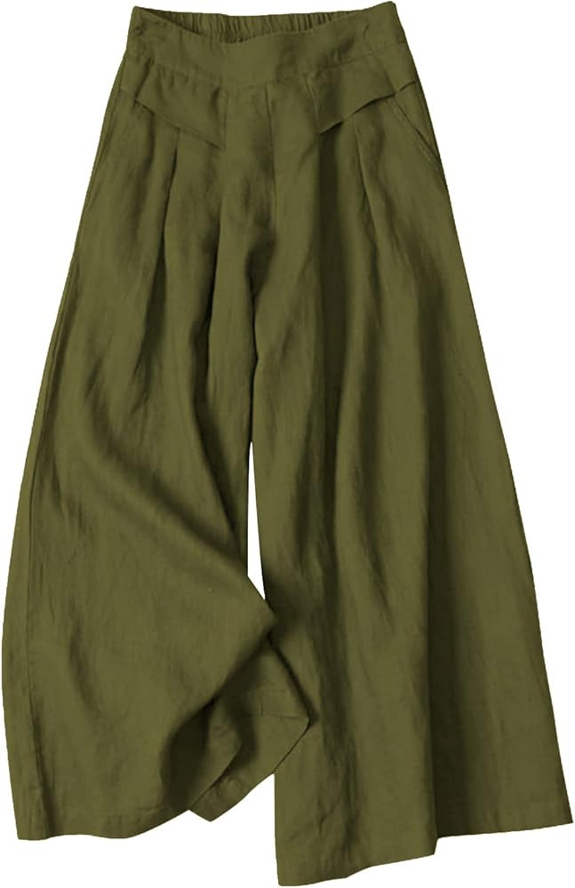 Gihuo Women' s Culottes Linen Blend Wide Leg Pants Elastic Waist Casual Palazzo Trousers with Poc... | Amazon (US)