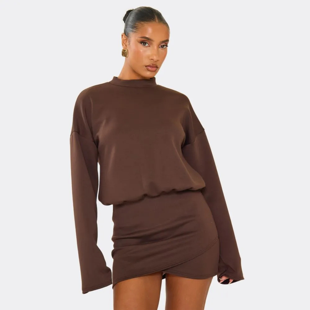 High Neck Crossover Skirt Panel Detail Mini Dress In Brown | EGO (UK)