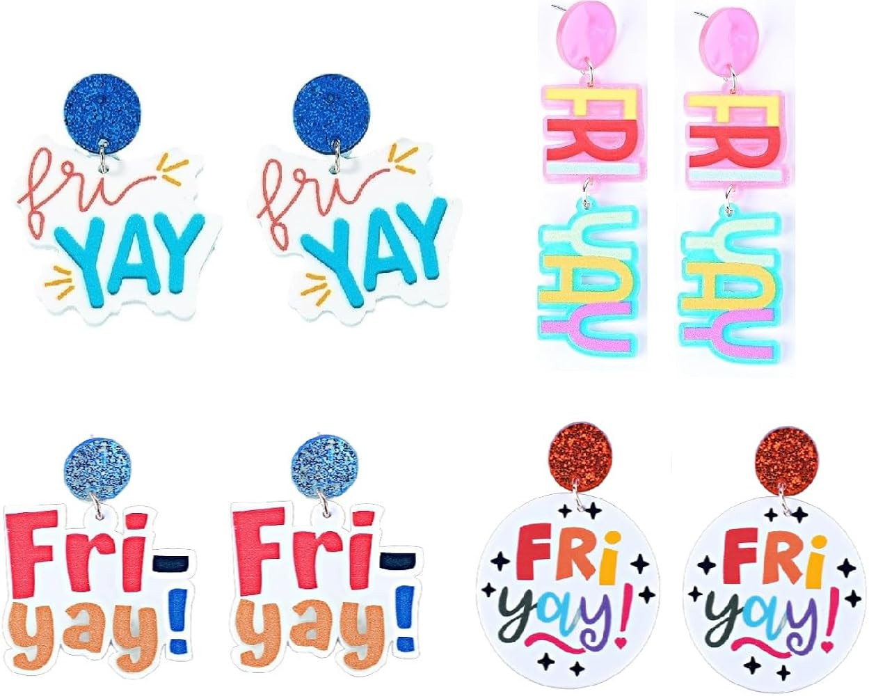 4 Pairs Funny Fri Yay Letter Earrings Set Glitter Friday Acrylic Dangle Drop Earrings for Women J... | Amazon (US)