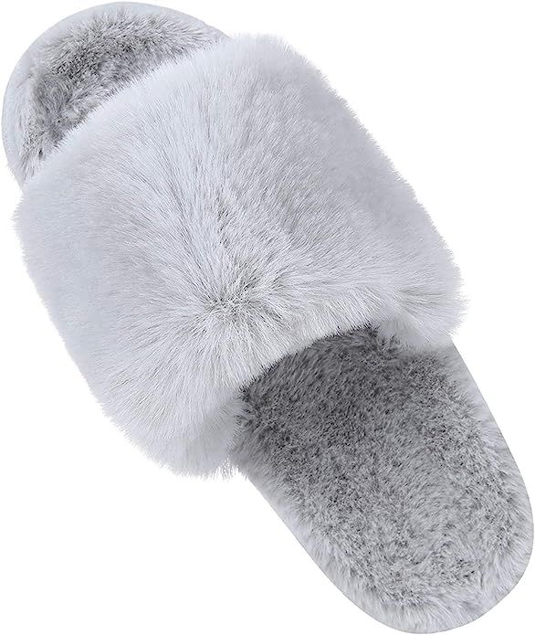 Women's Fuzzy Faux Fur Lightweight House Slippers Cozy Slip on Open Toe Indoor Outdoor Slippers | Amazon (US)