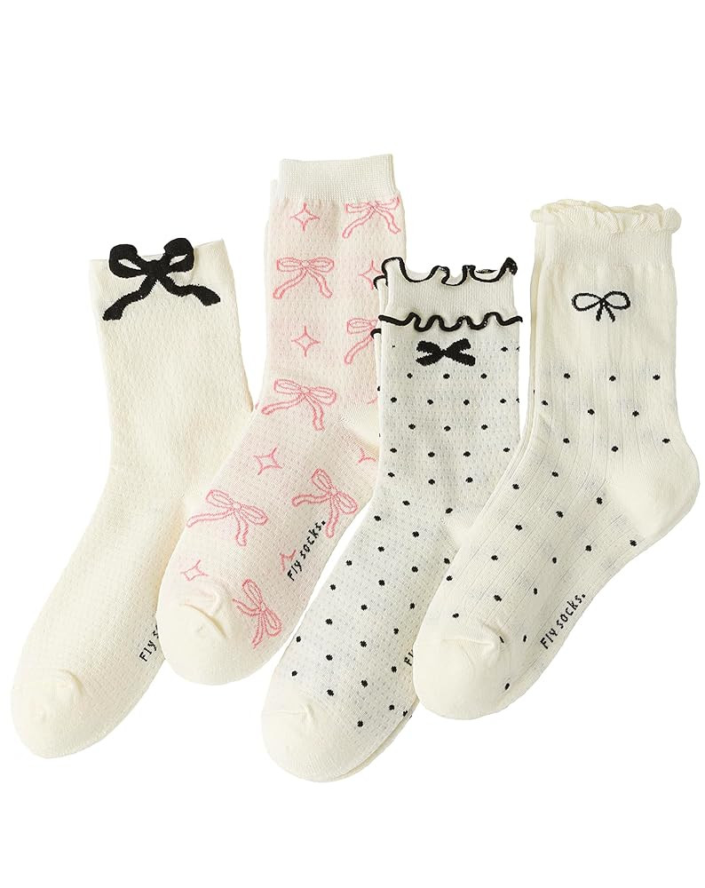 Yawlsow 4 Pairs Bow Ruffle Socks for Woman Frilly Crew Socks With Bow Cute Lettuce Edge Cotton Br... | Amazon (US)