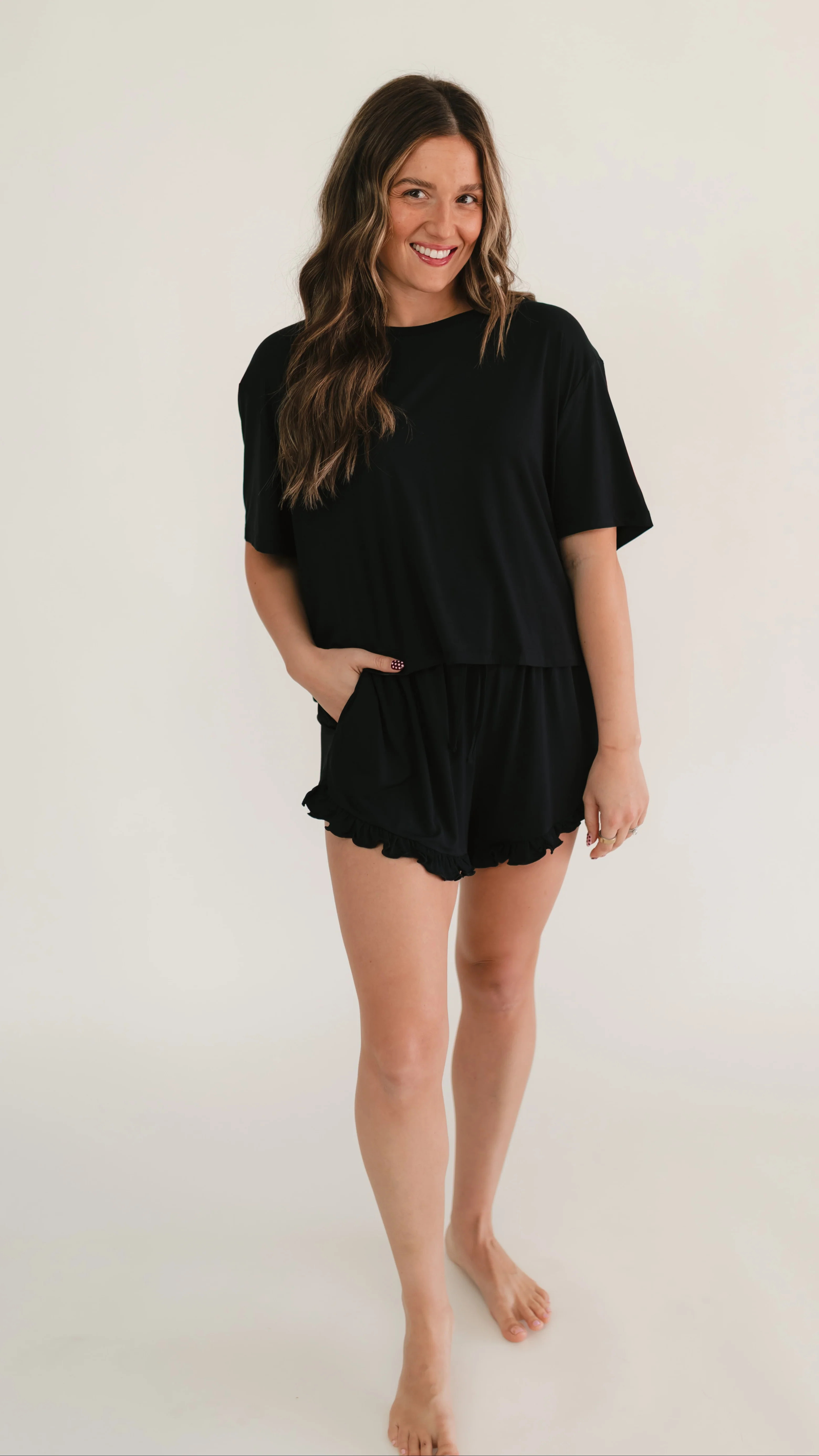 Women's Ruffle Short Set in Solid Black | Silks Design