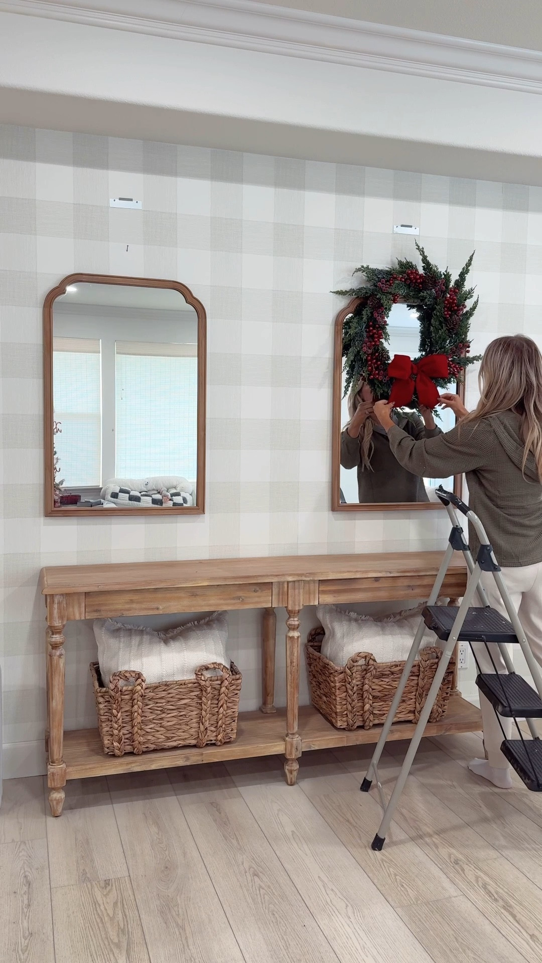 Sofa table decor 
Holiday home decor 
Christmas wreath
Christmas pillows 
Wicker baskets 
Red ribbon 
Christmas bows 
Wireless lights 
Rechargeable lights 

#LTKHoliday #LTKSaleAlert #LTKHome