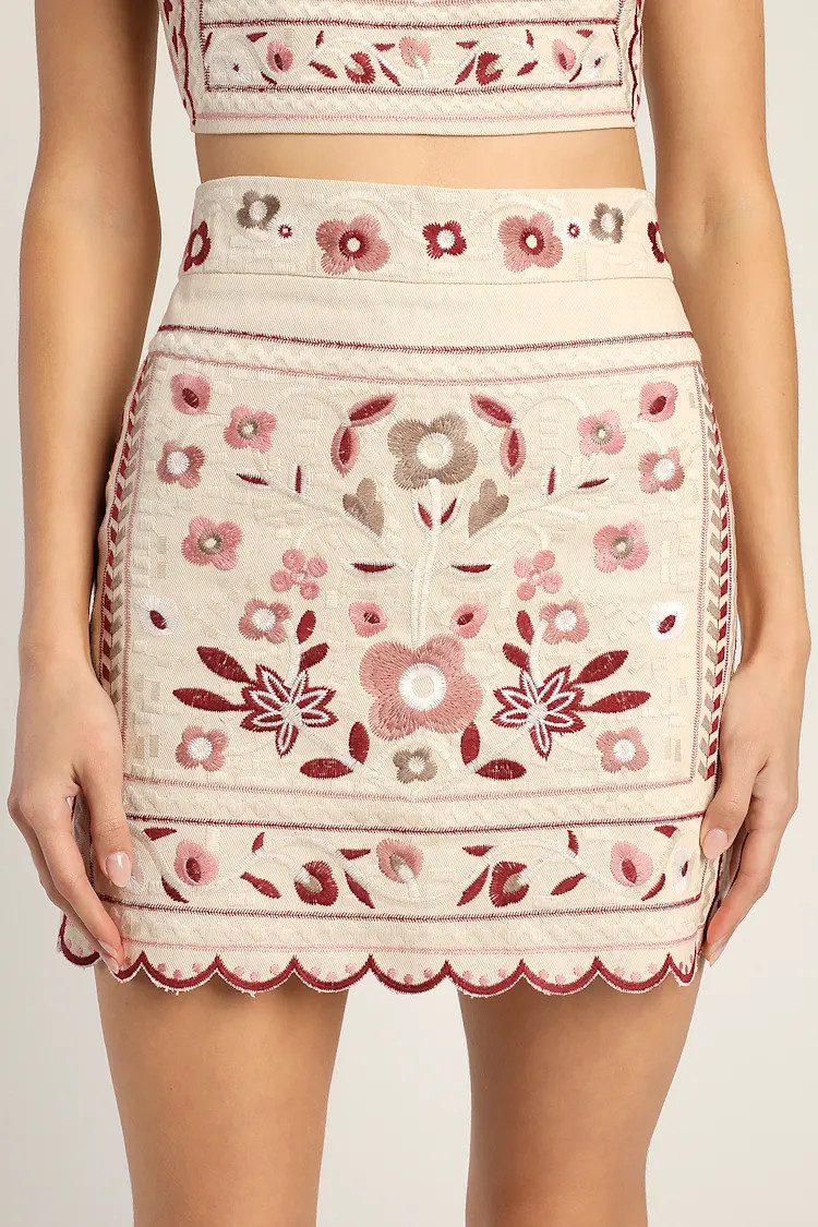 Don't Stop the Party Beige Embroidered Mini Skirt | Lulus (US)
