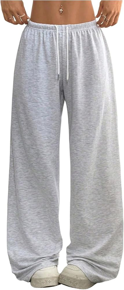 SweatyRocks Women's Baggy Wide Leg Drawstring Low Waist Pants Casual Sweatpants Long Trousers | Amazon (US)