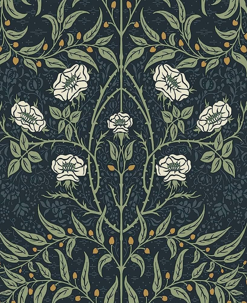 NextWall Stenciled Floral Peel and Stick Wallpaper (Navy & Sage) | Amazon (US)