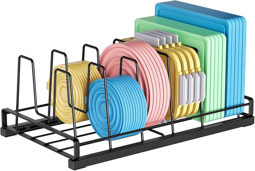 Food Container Lid Organizer for Cabinet, 6 Adjustable Dividers Metal Pot Lid Organizer, Pots and... | Amazon (US)