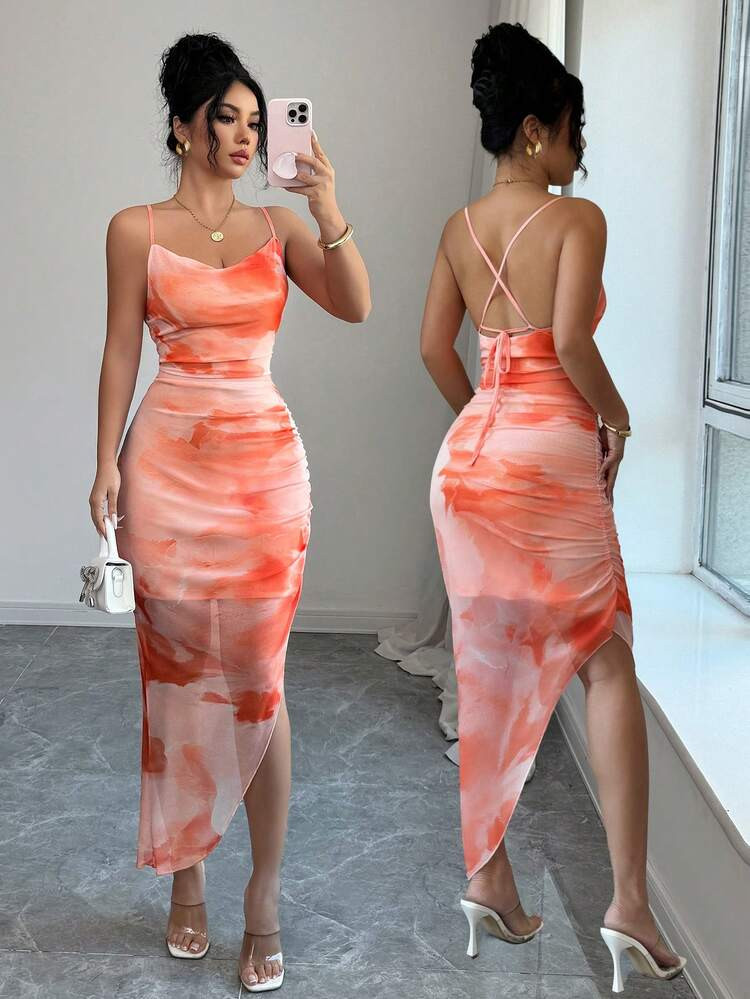 Zolique Women's Luxury Evening Dress, Tie-Dye Print Draped Neckline, Backless Spaghetti Strap Dress, Suitable For Summer | SHEIN