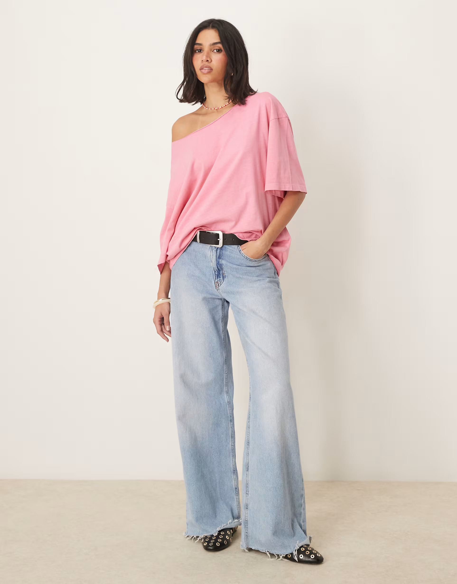 ASOS DESIGN slouchy off the shoulder oversized tee in washed pink | ASOS (Global)