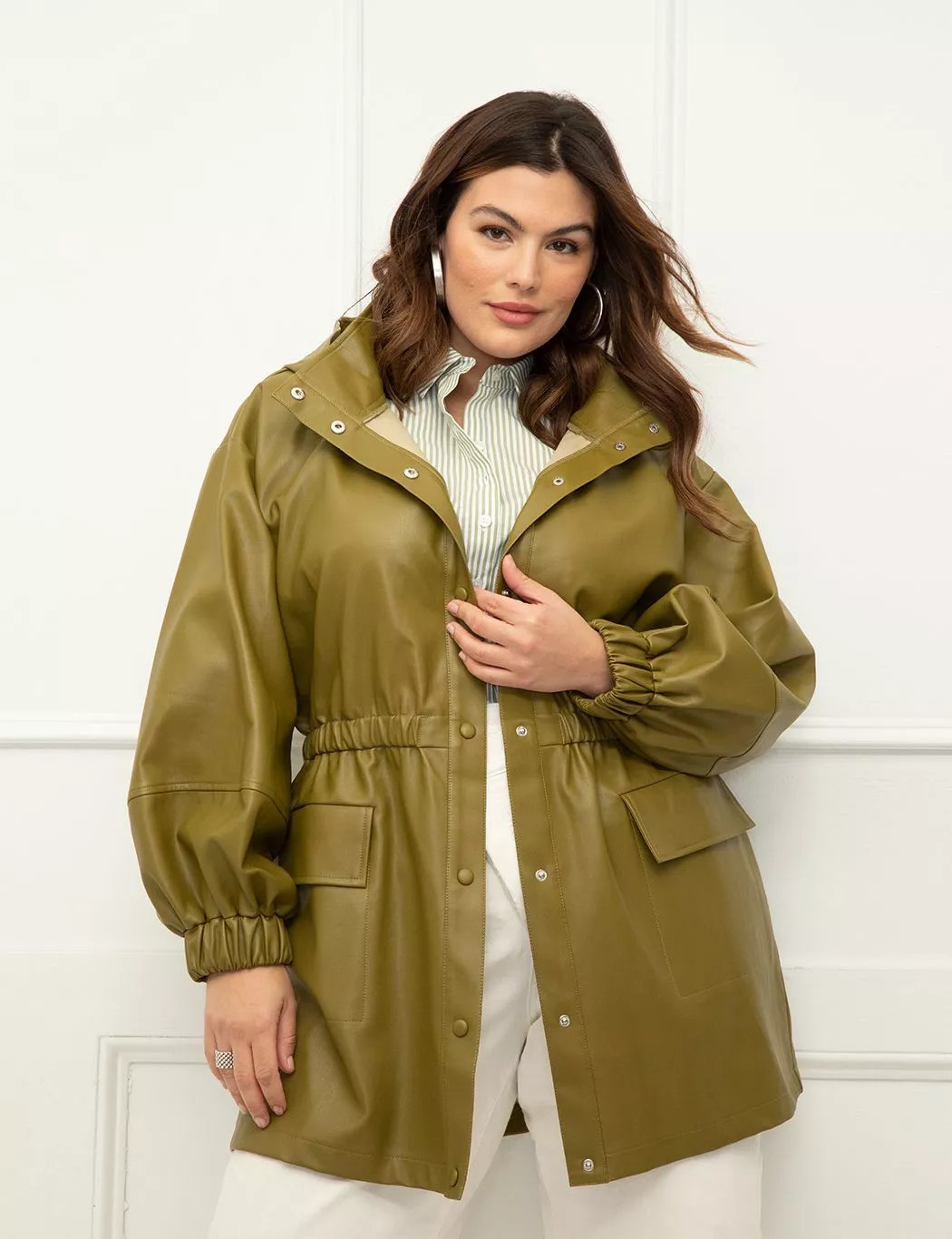 ELOQUII Elements Puff Sleeve Faux Leather Utility Jacket | Eloquii