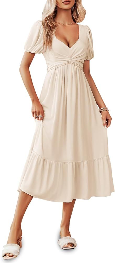 Ebifin Women's Summer Casual Dress Twist Front Sweetheart Neckline Puff Sleeve Ruffle Flowy Midi ... | Amazon (US)
