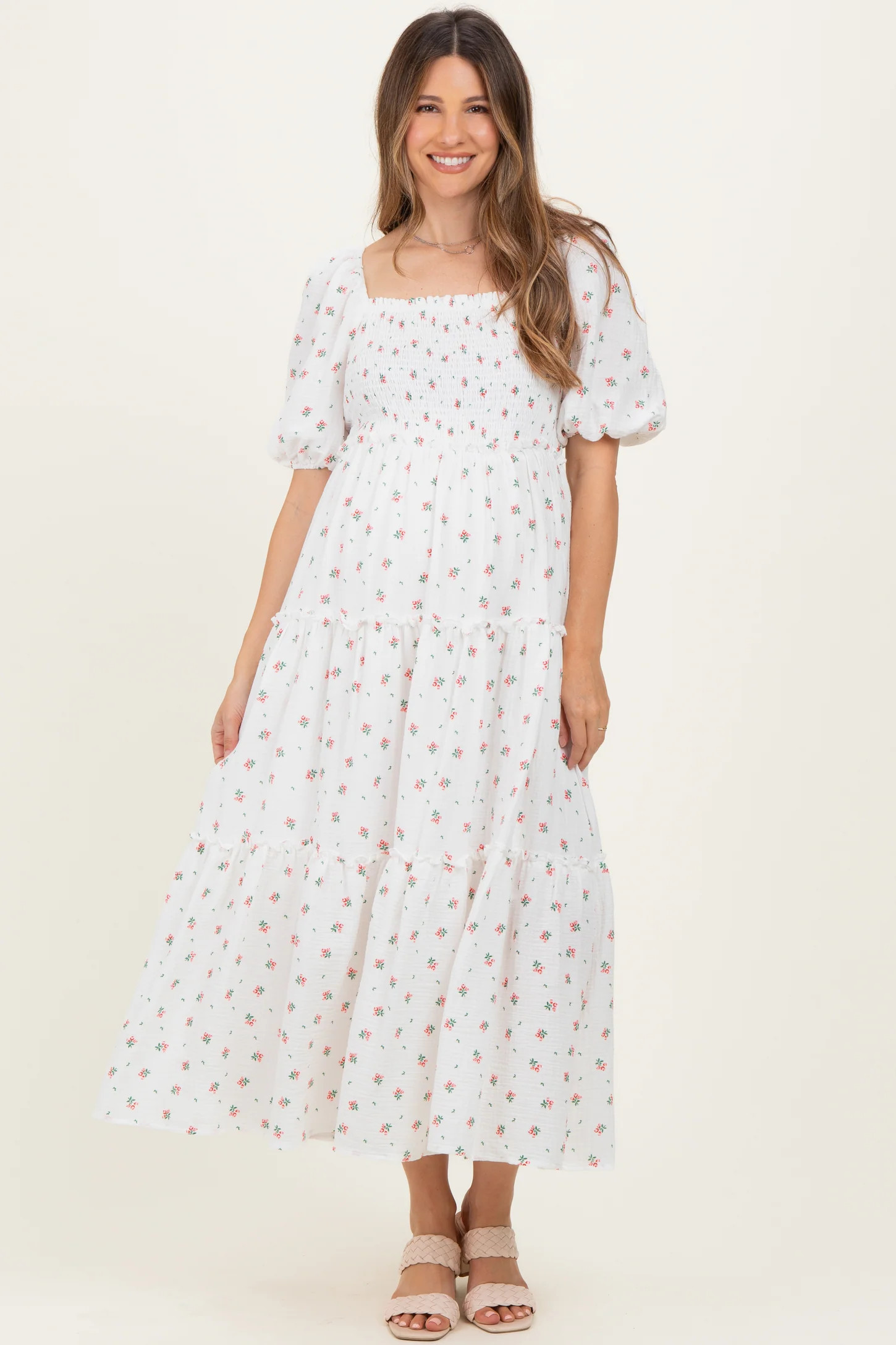 White Floral Puff Sleeve Tiered Maternity Maxi Dress | PinkBlush Maternity