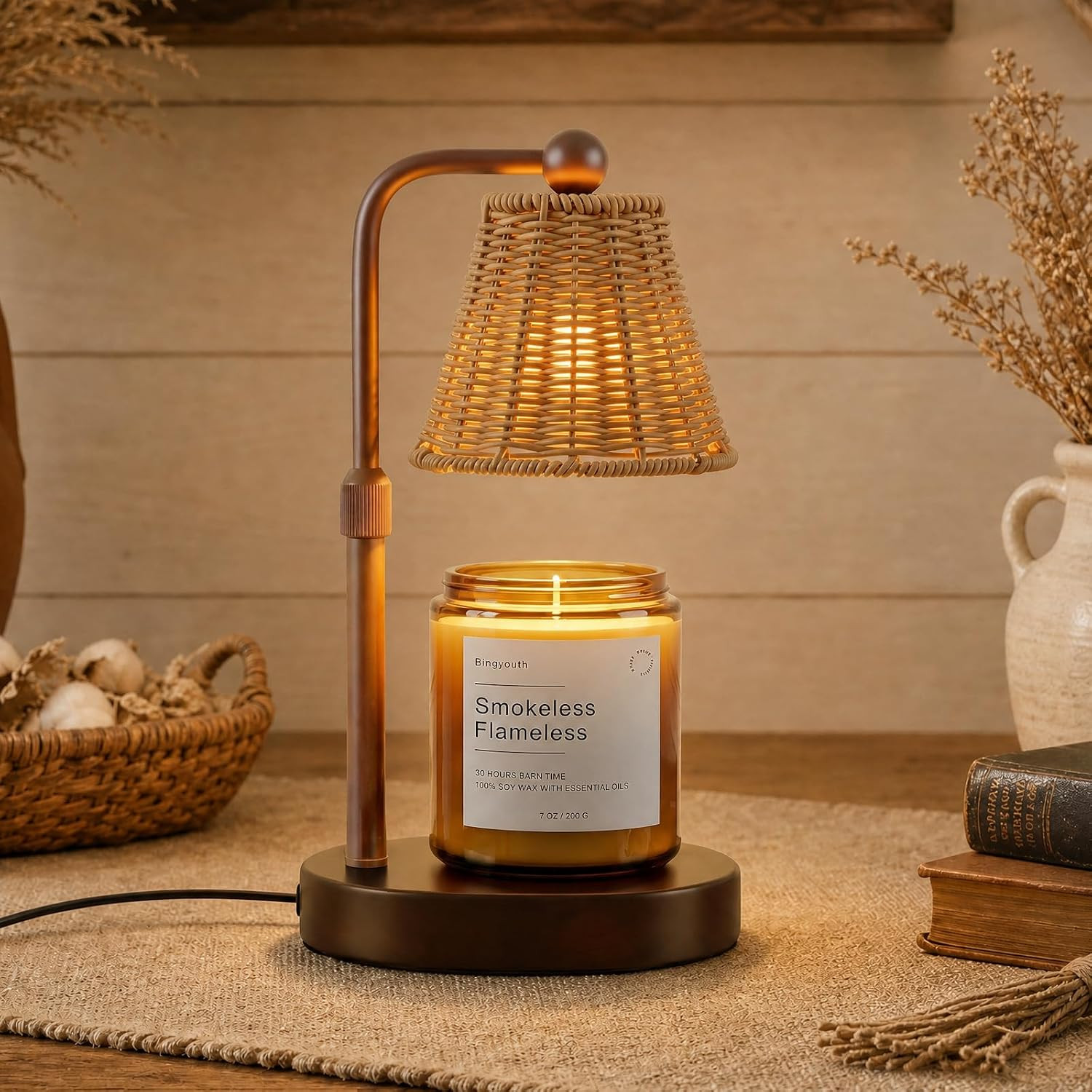 Candle Warmer Lamp with Timer, Modern Farmhouse Candle Warmer for jar Candles Brown, Electric Wax Warmer, Includes 2 Bulbs, Housewarming, Birthday Gift for Women, Mom, Her-Rattan | Amazon (US)