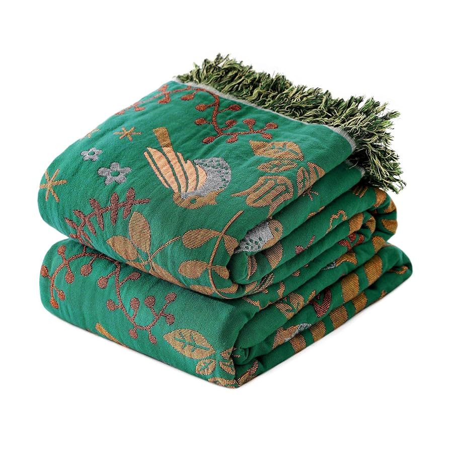 Boho Throw Blanket for Bed - 100% Cotton Ultra Soft Rustic Quilt Fall Blanket - Bird Floral Print... | Amazon (US)